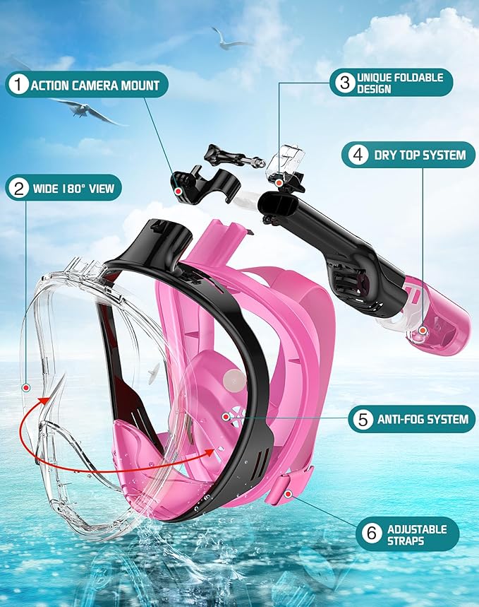 Greatever Full Face Snorkel Mask, Snorkeling Gear for Adults with Latest Dry Top Breathing System and Detachable Camera Mount, Foldable Snorkel Mask Adult, Snorkels Anti-Fog & Anti-Leak