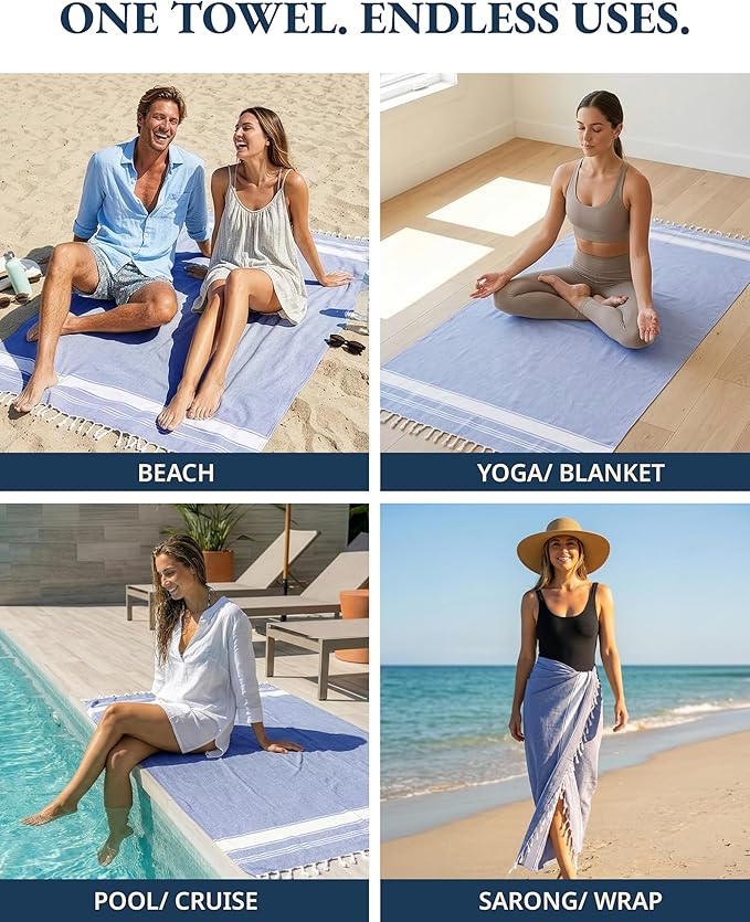 LANE LINEN Turkish Beach Towels, 2 Pack Extra Large Beach Towel, Pre-Washed for Soft Feel, Oversized Sand Free Quick-Dry Pool Towel, Beach Towels for Adults, 39"x71" - Forever Blue