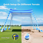2PM SPORTS Beach Tent Canopy with UPF50+ UV Protection, Outdoor Large Beach Sun Shade Shelter for Family Picnic Camping Travel Shore Fishing, 8 Sandbags, Sand Shovel (Striped Blue, 8x8 FT)