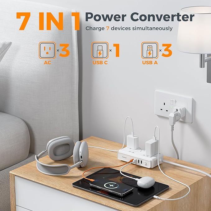 TESSAN Voltage Converter US to Europe 220 to 110, Universal Travel Adapter Voltage Converter with 4 USB Ports (1 USB C), 3 AC and EU UK AU IT in ZA Plug Power Adapter, Step Down Transformer, 6 FT