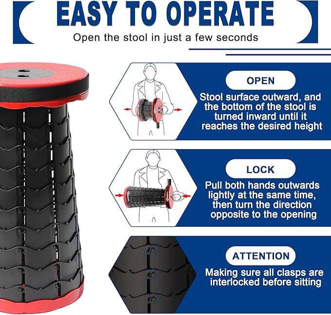 ALEVMOOM Upgraded Nylon Collapsible Stool with 500lbs Max Weight Portable Retractable Folding Telescoping Stools for Adults Chair for Outdoor Camping Fishing Hiking BBQ (Nylon Red)