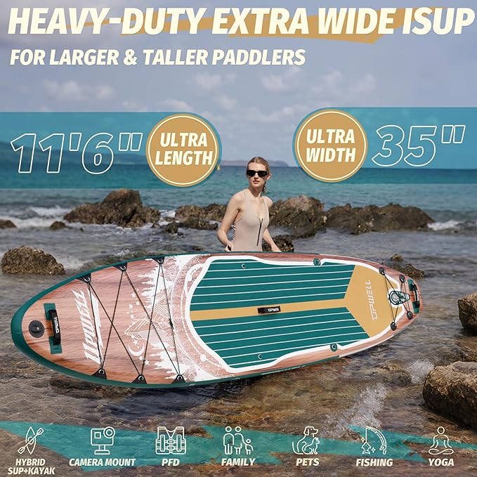 UPWELL 10'6"/11'/11'6" Inflatable Paddle Board, Stand Up Paddlboard for Youth & Adults, Stable Design, Premium SUP Accessories, Backpack, Leash, Hand Pump, Fins