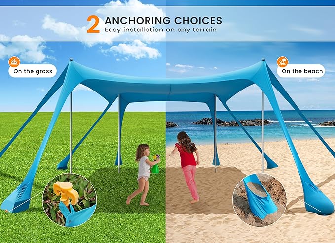 Beach Tent Sun Shelter, Portable Sun Canopy UPF50+ Outdoor Shade with 4 Stability Poles and 8 Sandbags, 10 x 10ft, Sand Shovel, Ground Pegs and Carry Bag for Beach, Camping, Fishing, Picnics