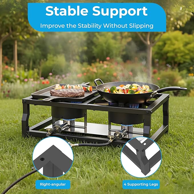 Tabletop Double Burner Camp Stove - 100,000 BTU Portable Propane Gas Cooker with CSA Regulator - Heavy-Duty Steel Frame for Camping, BBQ & Outdoor Cooking
