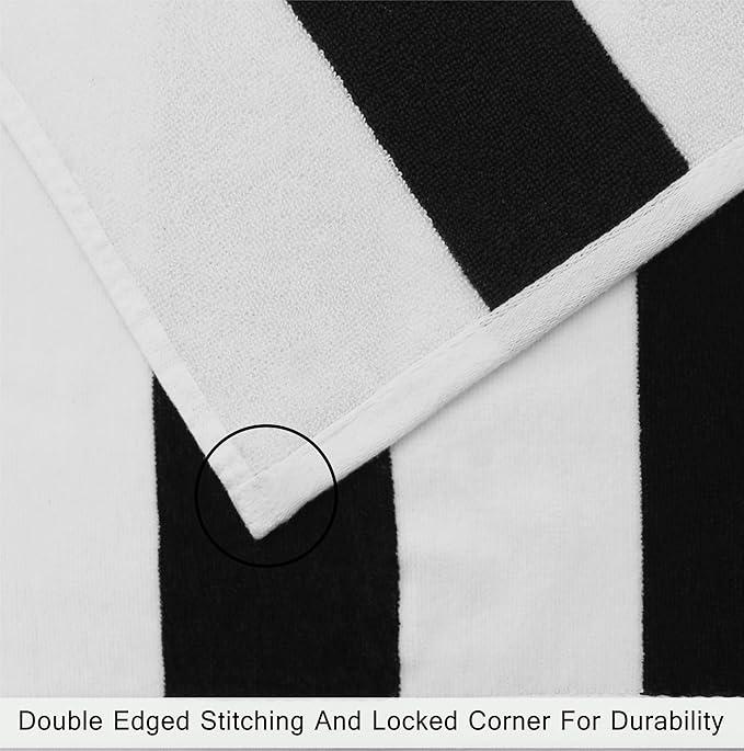 COTTON CRAFT Hooded Beach Towel – Oversized 39 x 68 Towel with Hood for Adults - 100% Ringspun Cotton Velour Terry Towel - 450 GSM Super Soft Plush Absorbent Quick Dry Bath Wrap – Cabana Stripe Black