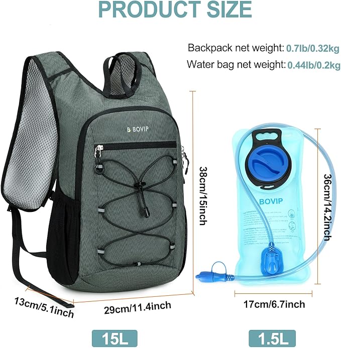 BOVIP Lightweight Hydration Back,15L Multipurpose Hiking Backpack with 1.5L Water Bladder ,Hydro Water Daypack for Cycling Hiking Rave for Men Women