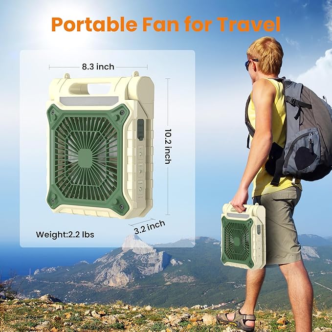 KITWLEMEN 10.2 Inch Solar Camping Fan with Light- Rechargeable Battery Operated Fan, 38H Run Time, 3 Speed, 6H Timer, SOS Signal, Portable Desk Fan for Camping Fishing RV Trips Hurricane Power Outage