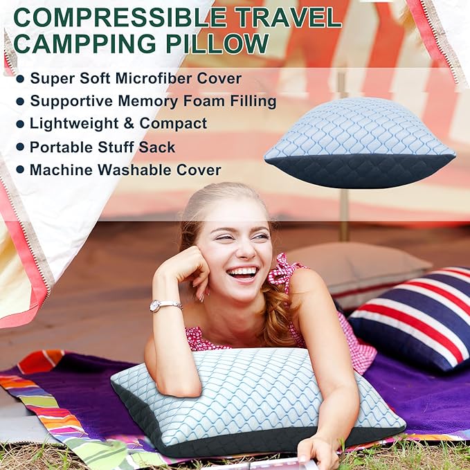 Gehannah Travel Pillow - Compressible Camping Pillow for Sleeping, Shredded Memory Foam Pillow with Storage Bag Compact Supportive (Grey, Large(2 Pack))