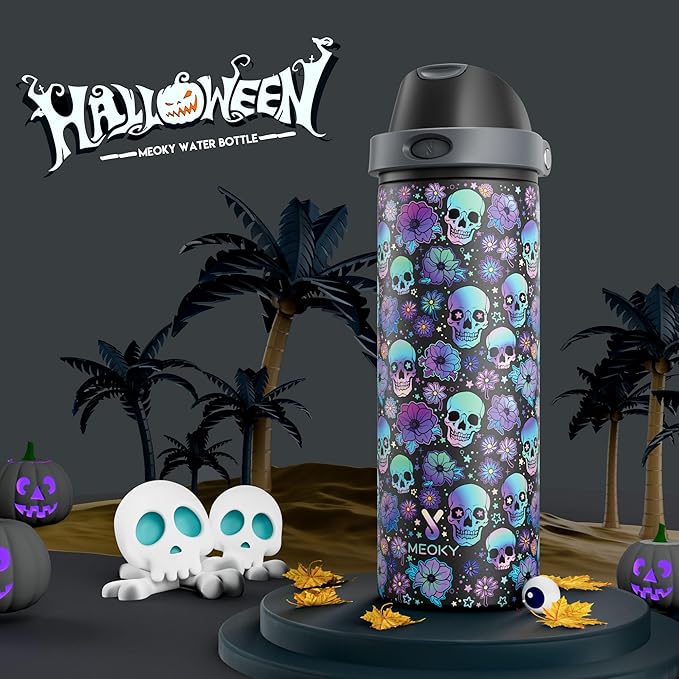 24 oz Halloween Insulated Water Bottle: Meoky Stainless Steel Water Bottle with 2-in-1 Straw and Spout Lid - Leak Proof, Fits in Car Cup Holder, Halloween Gifts for Women Men, Ghost Bloom
