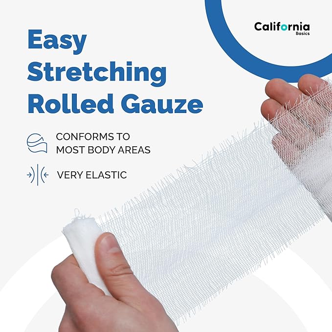 California Basics 24-Pack Gauze Bandage Roll with Tape, 4 Inches x 4 Yards - Soft, Stretchable & Breathable Wrap for Wound Care, First Aid & Medical Supplies - White