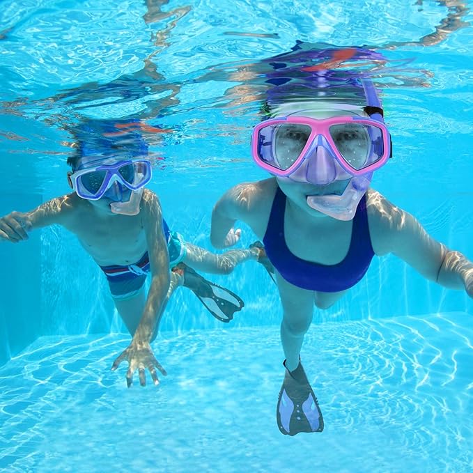 Youth Snorkel Set for Ages 7-16, Snorkeling Gear for Kids with Panoramic View Mask Anti-Fog Anti-Leak Full Dry Top Snorkel Fins Travel Bag for Swimming Diving