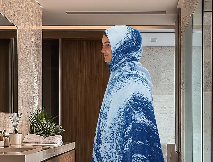 COTTON CRAFT Hooded Beach Towel – Oversized 35 x 70 Towel with Hood for Adults - Summer Wave - 100% Cotton Velour Terry Jacquard Towel - Pool Bath Wrap - 450 GSM - Soft Absorbent Quick Dry – Blue