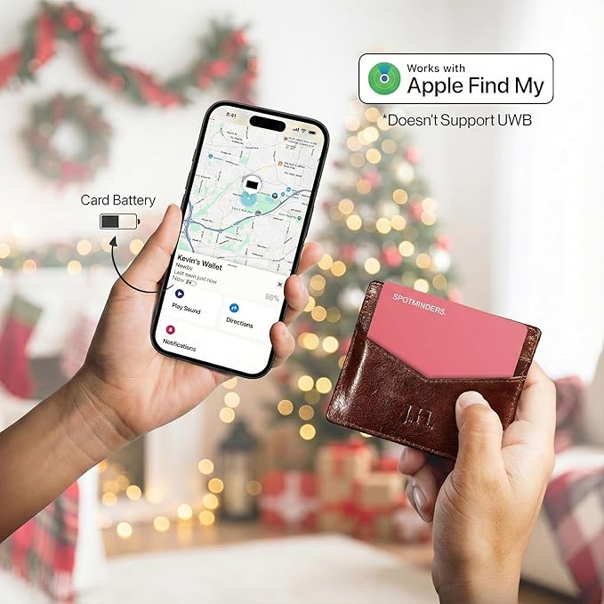 SPOTMINDERS Apple MFi Certified Wallet Tracker for Valentines Day Gifts for Women (iOS Only) Works with Apple Find My IP68 Rechargeable Tracking Card 0.07in Slim iPhone Item Finder for Luggage, Purse