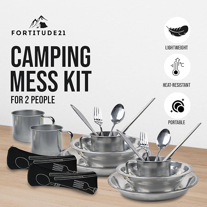 Stainless Steel Camping Mess Kit - Person's Complete Picnic & Camp Dish Set, Includes Plate, Bowl, Cup & Utensils