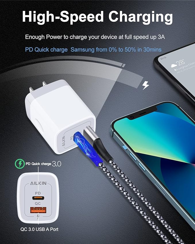3Pack Dual Port USB-C Wall Plug-in USBC Charger, AILKIN 20W Power Delivery + QC3.0 USB A Double Port Fast Charging Block for iPhone 17 15 14 13 12 Pro Max 14 Pro Mini 16Pro Max 16 Plus 16E X XS Cube
