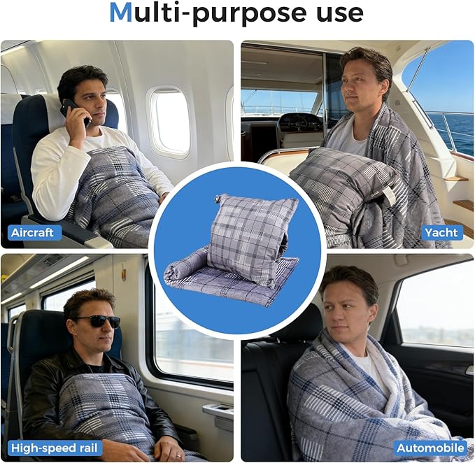 3 in 1 Travel Pillow Blanket Set with Removable Flannel Blanket Throw,Hand Warmer Pockets,Pillow (Color6, 50in*60in)