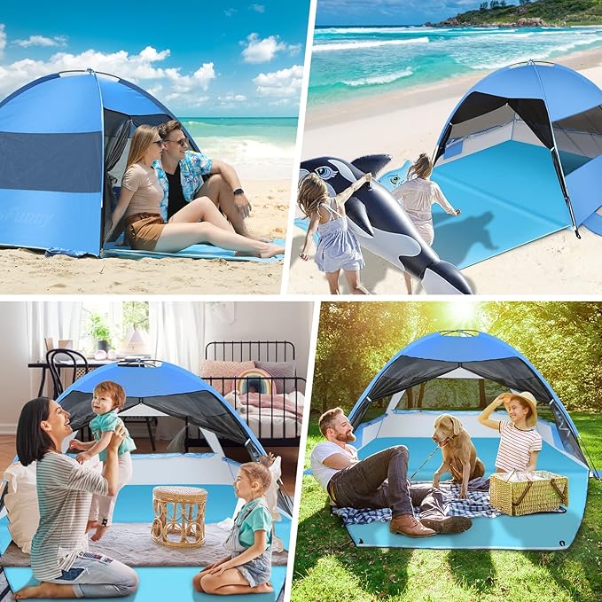 Large Easy Setup Beach Tent,Anti-UV Beach Shade Beach Canopy Tent Sun Shade with Extended Floor & 3 Mesh Roll Up Windows Fits 3-4 Person,Portable Shade Tent for Outdoor Camping Fishing