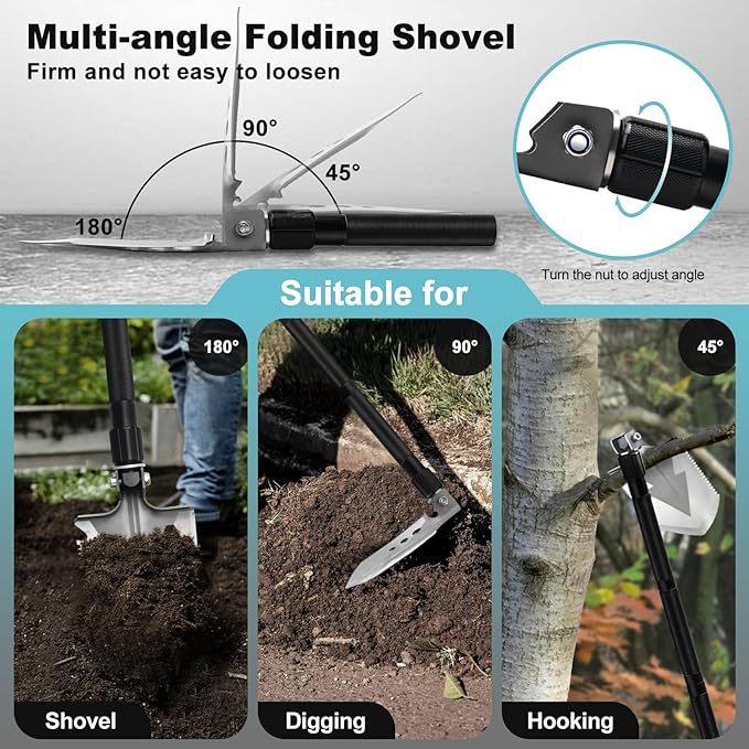 GOJAWAY 16 in 1 Multitool Survival kit, Camping Shovel Military Axe, 40" Foldable Spade with Portable Bag and Hatchet, for Car Emergency Offroad Entrenching Tool