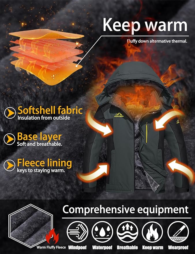 TACVASEN Men's Winter Ski Jacket Waterproof Snow Coats Snowboard Fleece Lining Jacket Warm Parka with Hooded