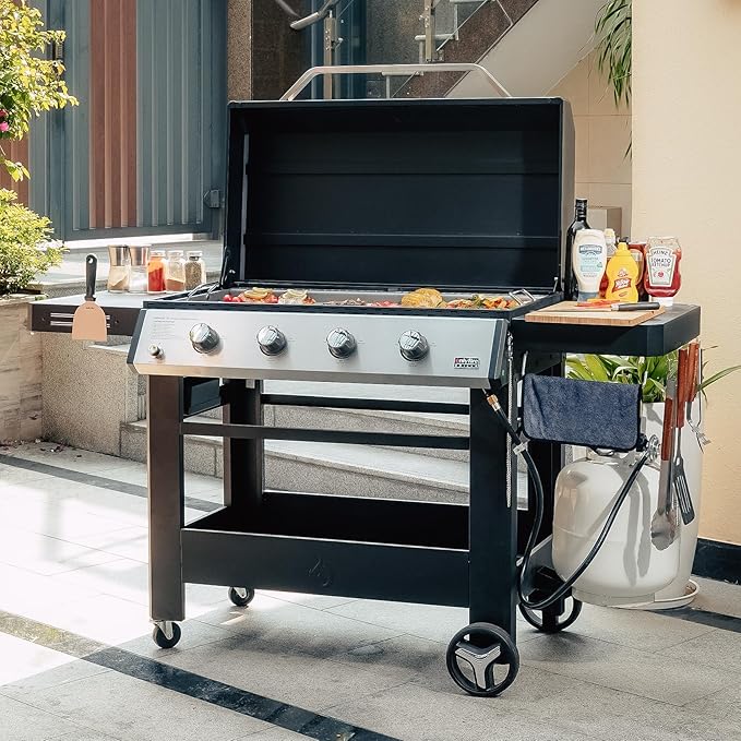 Propane Gas Griddle 4-Burner, Outdoor Gas Stove with 555 sq.in Cooking Area, Foldable Side Tables, Towel Rack, Flat Top Grill Griddle for Patio Barbecue, Backyard, BBQ Party, GS352