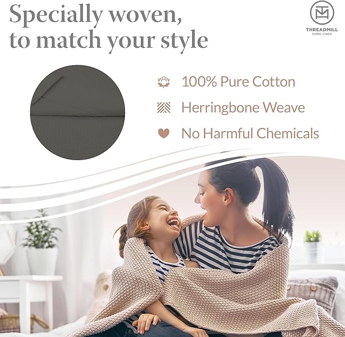 Threadmill Luxury Cotton Blankets for Queen Size Bed | All-Season 100% Cotton Queen Size Blanket | Herringbone Cozy, Soft Breathable Fall Thermal Blanket fits Full Size Bed | Dark Grey