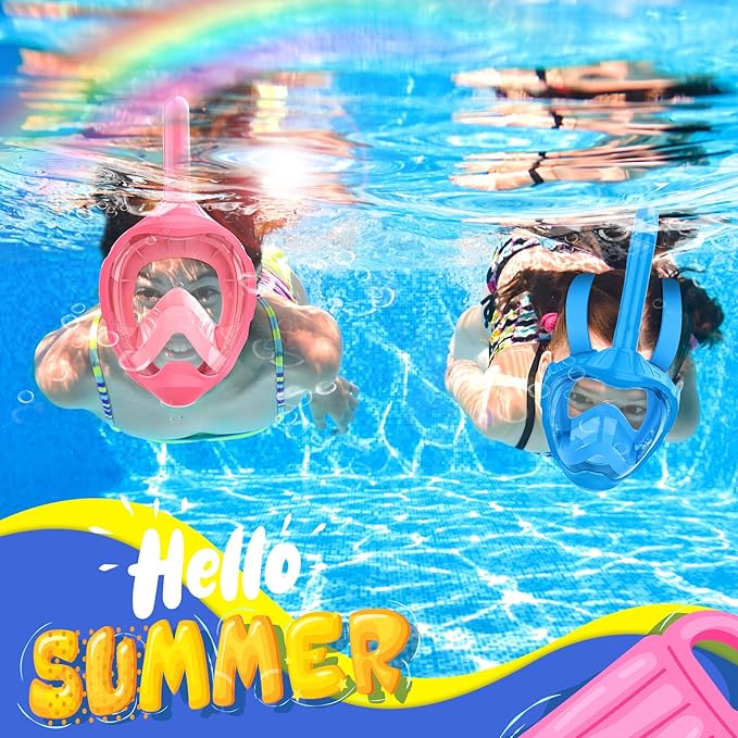 Kids Full Face Snorkel Mask, Snorkeling Gear for Kids, Kids Scuba Mask and Snorkel, Diving Mask, Snorkeling Set, 180 Degree Panoramic View Anti-Fog Anti-Leak