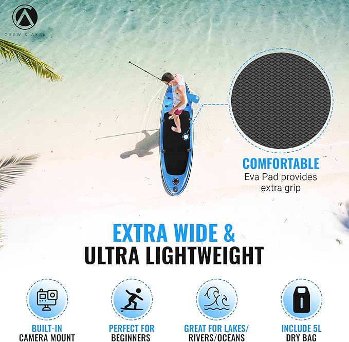 Crew Axel Inflatable Paddle Board 10’33’6” Extra Wide & Lightweight (18lb) Paddle Board – Premium SUP Set Includes 2 Bags, Floating Paddle, Camera Mount, 3 Fins, Dual Pump Kit
