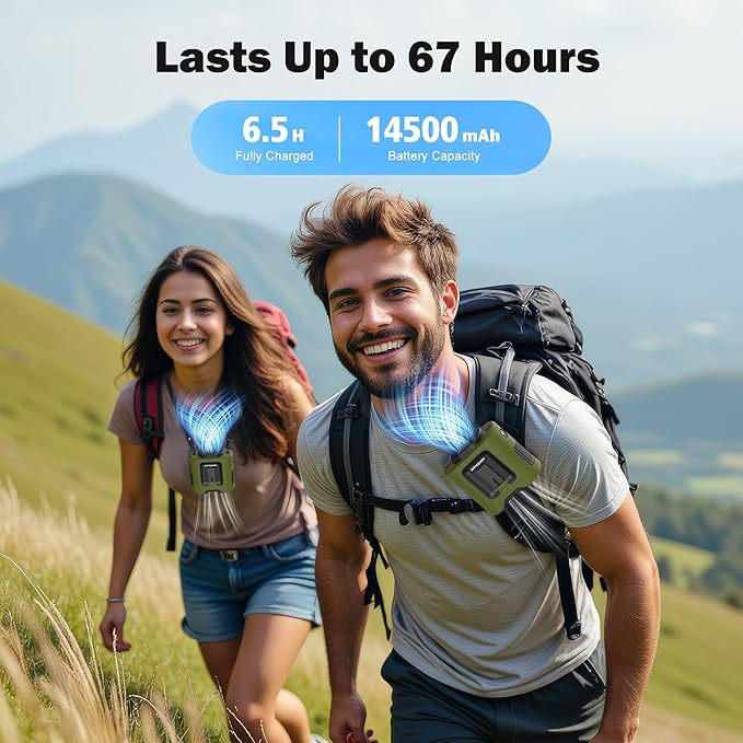 KITWLEMEN 14500mAh Portable Waist Fan - Personal Clip on Belt Fan, 5 Speed 67H Cooling, Rechargeable Battery Operated, Wearable with Lanyard & Light for Camping, Travel, Jobsite (Green)