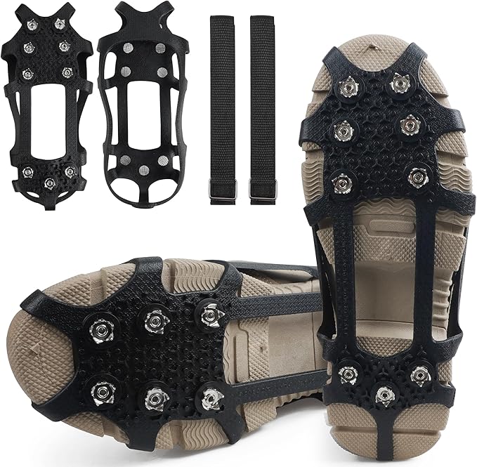 Ice Cleats Snow Traction for Shoes and Boots Ice Snow Crampons Ice Gripper for Walking on Snow and Ice 9-Studs Non Slip Ice Cleats Rubber Overshoe Slip-on Stretch Footwear Winter Hiking Climbing