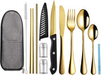 Travel Utensils with Case,Reusable Utensils,Portable Travel Camping Cutlery Set,Stainless Steel Flatware Set,Lunch Boxes Workplace Camping School Picnic (Gold)