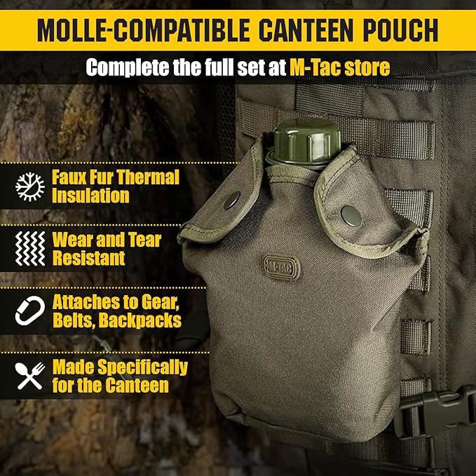 M-Tac Canteen Water Bottle - 1 Quart Water Canteen (34 Oz/1L) - Tactical Water Bottle for Military Hiking Camping Survival (Olive)