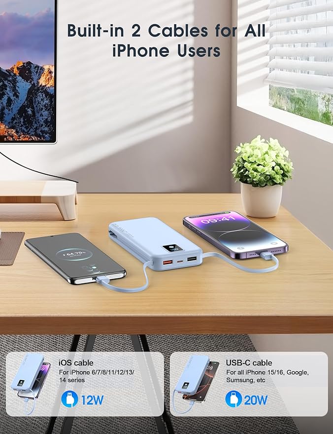 Portable Charger, 12000mAh 22.5W Fast Charging Power Bank with Built-in Cables & Wall Plug, Travel Essential Battery Pack with LED Display, USB C Battery Phone Charger for iPhone, iPad, Samsung Blue