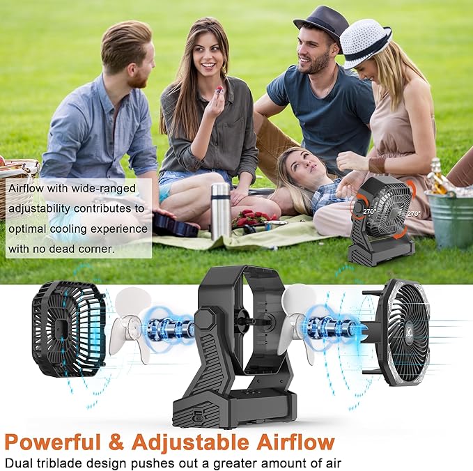 KITWLEMEN 20000mAh Battery Powered Camping Fan - 58H Max Cooling, Rechargeable Battery Operated Desk Fan with 4 Speeds, Bright Light & Hanging Hook, Portable for Tent Outdoor Hurricane Power Outage