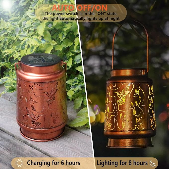 Solar Hummingbird Lanterns Outdoor Hanging Decor Lantern,Waterproof Hollow Out Metal Decorative Garden Light,Graceful Decoration for Patio,Yard,Landscape,Walkway,Festival
