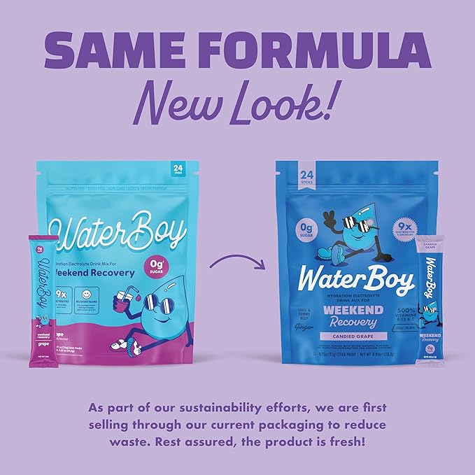 Waterboy Weekend Recovery | 3,187mg Electrolyte Powder Packets | Ginger + L-Theanine + Vitamins | No Sugar, All Natural, Gluten Free | 24 Drink Stick Mixes (Grape)
