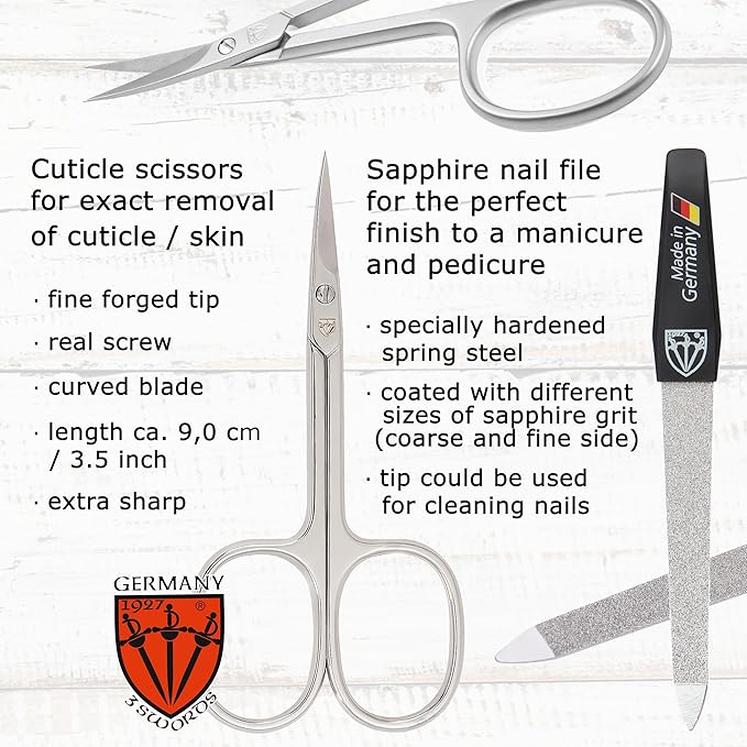 3 Swords Germany - Brand Quality 6 piece Manicure Pedicure Grooming kit Set - Scissors, Metal and Glass Nail File, Clipper, Tweezers with Synthetic Leather case - Brown