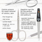 3 Swords Germany - Brand Quality 6 piece Manicure Pedicure Grooming kit Set - Scissors, Metal and Glass Nail File, Clipper, Tweezers with Synthetic Leather case - red