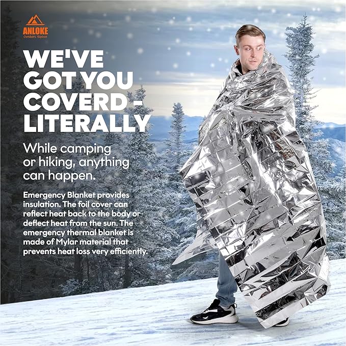 ANLOKE Emergency Blankets Mylar Thermal Blanket,(10 Pack) of Gigantic Space Blanket 84 * 64 in. Survival Blankets Heavy Duty Camping Gear,First Aid