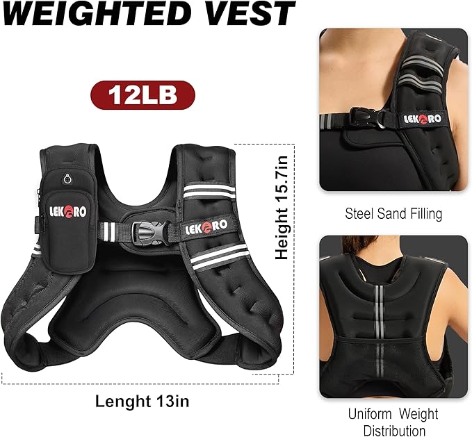 Weighted Vest, 6lbs/8lbs/12lbs/16lbs/20lbs/25lbs/30lbs Weights Vest for Women Men with Reflective Stripe for Workout, Strength Training, Running, Walking