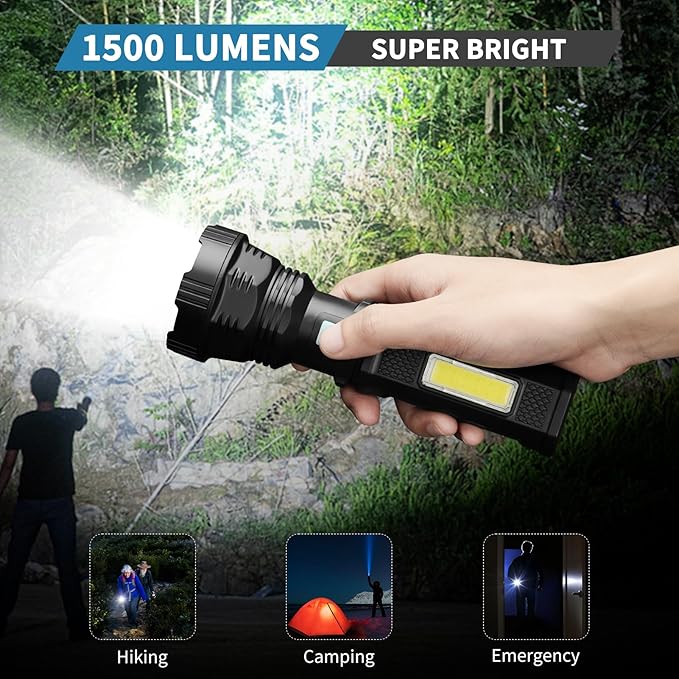 Led Solar Flashlight, 1500 Lumens Led Solar Handheld Rechargeable Flashlights with IP65 Waterproof, 2000mAh Battery for Survival Emergencies Camping (1 Pack)