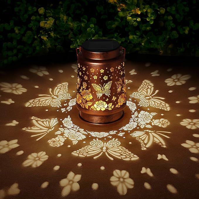 2 Pack Butterfly Solar Lanterns Outdoor Waterproof Rose Garden Decor Gifts for Women Mom Grandma Hanging Solar Lights Metal Lantern Decoration Outside for Yard,Patio,Backyard,Porch