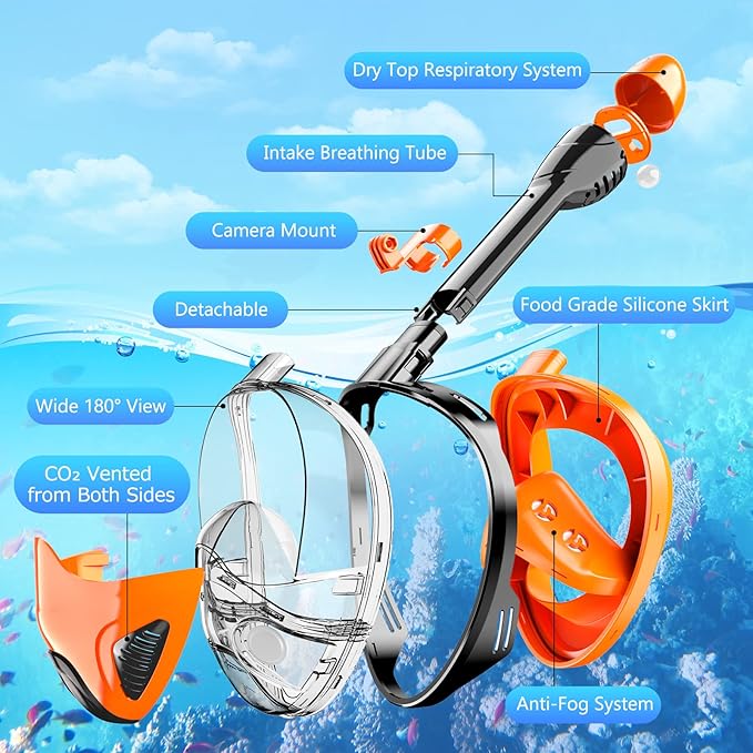 Full Face Snorkel Mask for Adults Teen, Snorkeling Gear with Detachable Camera Mount,Panoramic 180° View, Anti-Fog Anti-Leak Snorkling Set for Man and Women