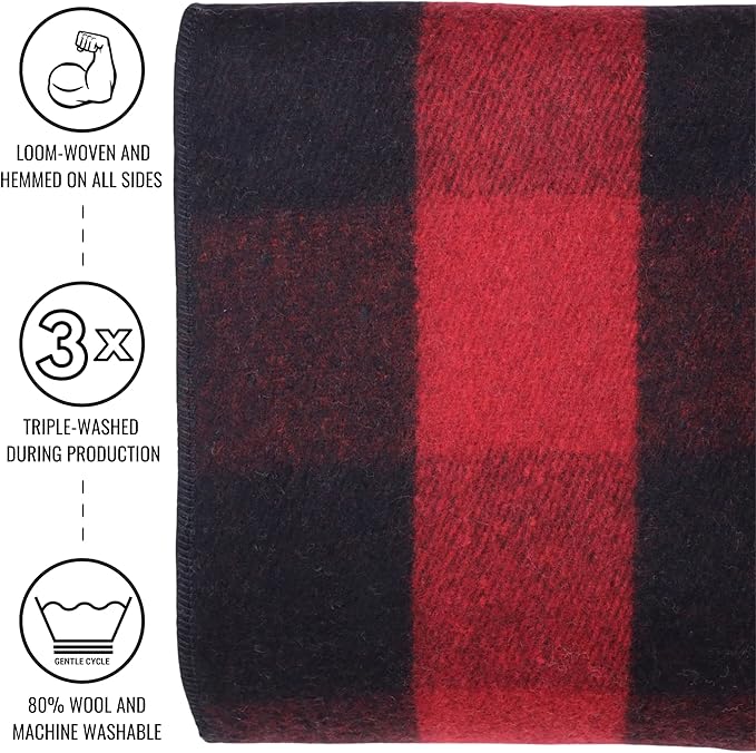 Arcturus Plaid Wool Blankets - 4.5lbs Warm, Heavy, Washable, Large | Great for Camping, Outdoors, Sporting Events, or Home