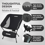 MARCHWAY Lightweight Folding Camping Chair, Portable Foldable Compact for Outdoor Camp, Travel, Beach, Picnic, Festival, Hiking, Backpacking, Supports 330Lbs (Black)