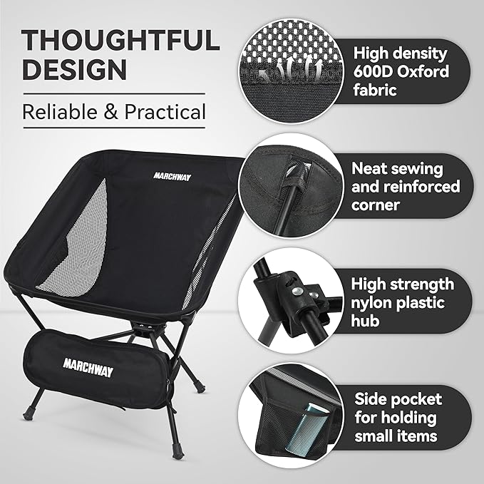 MARCHWAY Lightweight Folding Camping Chair, Portable Foldable Compact for Outdoor Camp, Travel, Beach, Picnic, Festival, Hiking, Backpacking, Supports 330Lbs (Black)