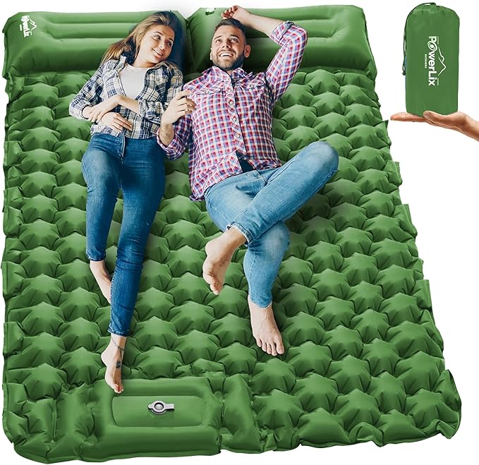 POWERLIX Double Camping Sleeping Pad Camping Pad for 2 Person with Pillow Built-in Foot Pump Inflatable Sleeping Pad for Camping, Backpacking, Hiking, Portable Camping Mattress Green