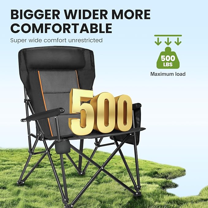 HIGH POINT SPORTS Oversized Folding Camping Chairs for Adults, High Backrest Heavy Duty Lawn Chairs Support 500 LBS Portable Collapsible Camp Chairs with Cup Holders,Side Pocket, 2 Pack, Black