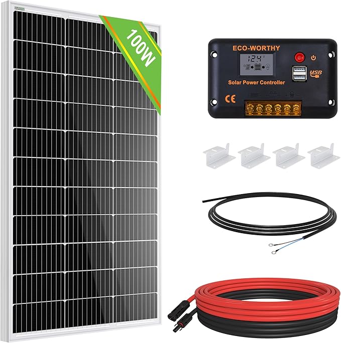 ECO-WORTHY 100 Watt 12 Volt Solar Panel Kit for RV Battery Boat Trailer Cabin Garden Shed Home: 100W Solar Panel+30A PWM Charge Controller+ Tray Cable + Z Mounting Brackets