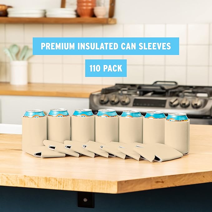 Blank Beer Can Cooler Sleeves (110-Pack) Soft Insulated Beer Can Coolies - HTV Friendly Blank Koolies in Bulk for Beer Cans & Bottles - Coolie Blanks for Vinyl Projects & Wedding Favors (Sand)