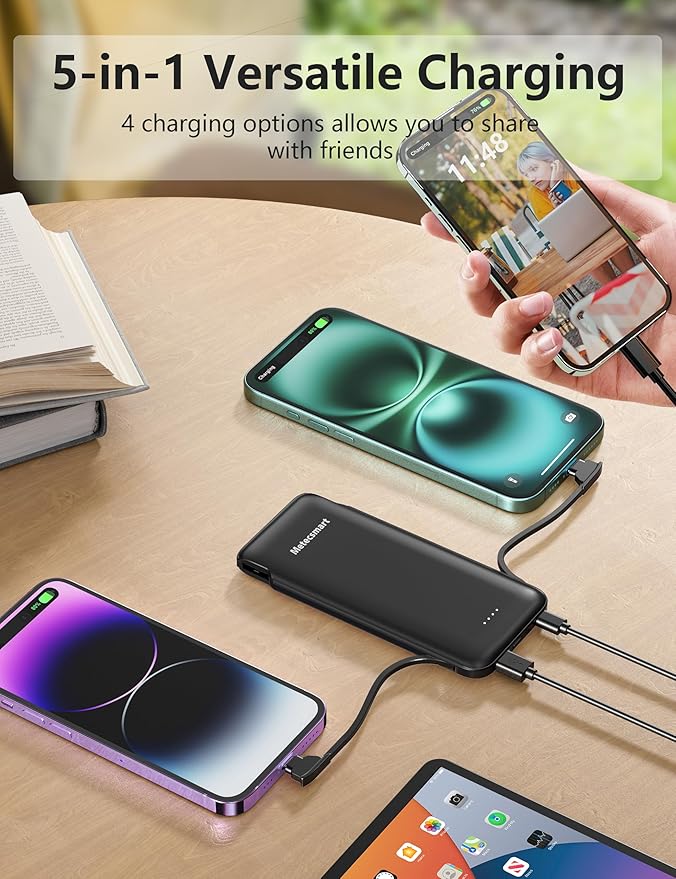 Portable Charger Power Bank with Built in Cable and AC Wall Plug, 10000mAh Fast USB C Phone Charger, Slim Thin Mini Power Bank Charging Battery Pack